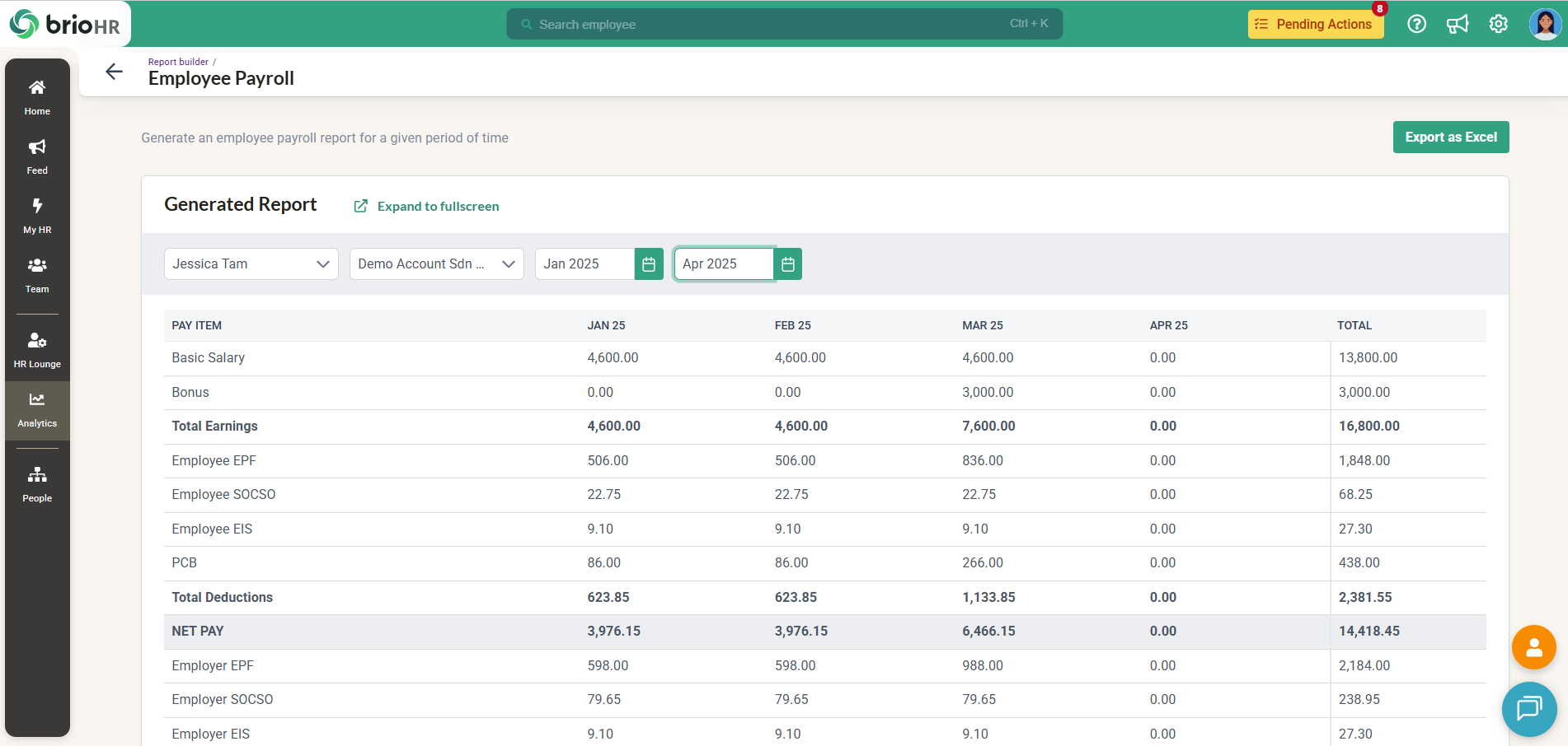 brioHR connected payroll and HR reporting software data view