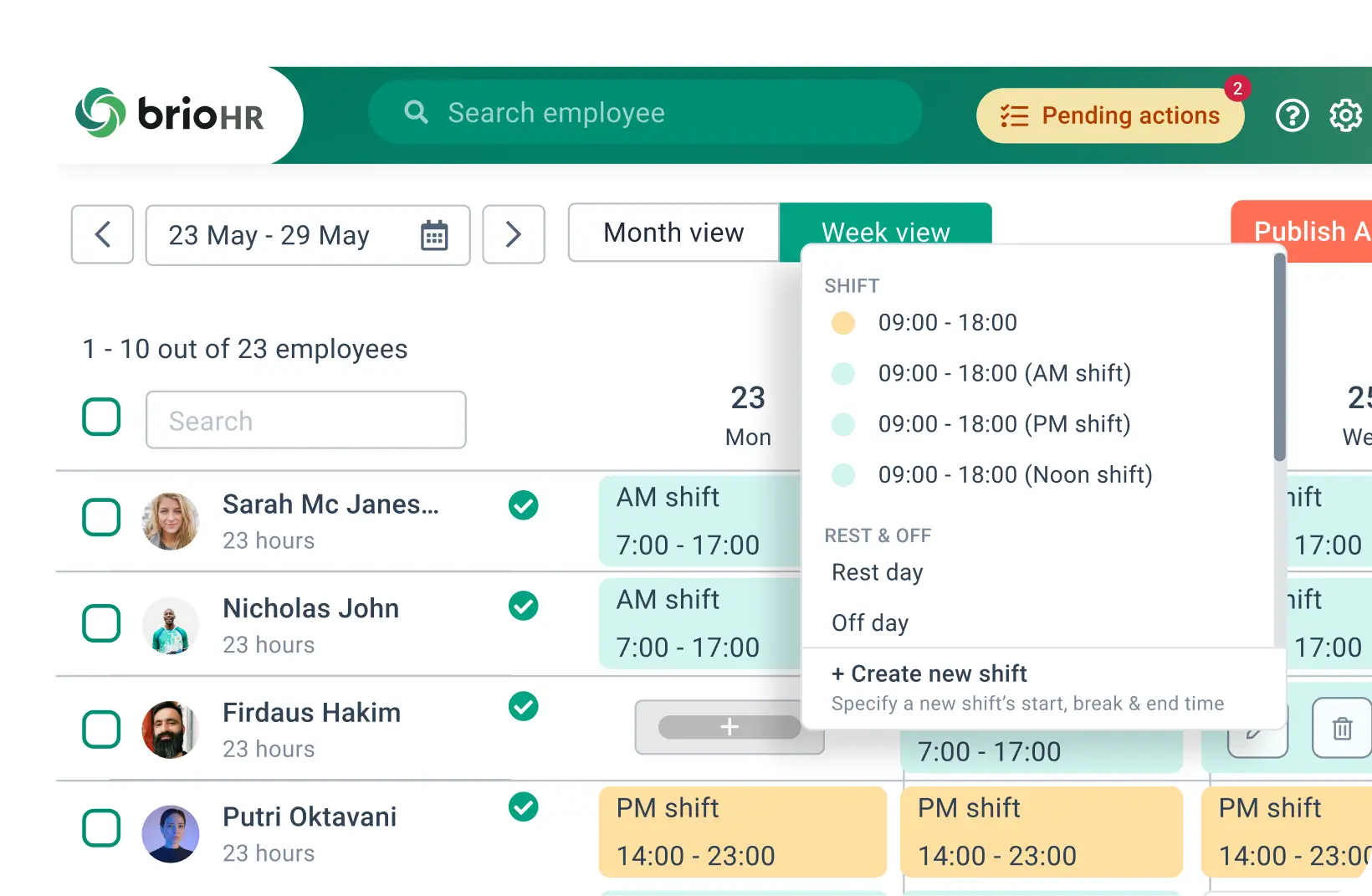 brioHR shift scheduling with a rotating night pattern across two locations
