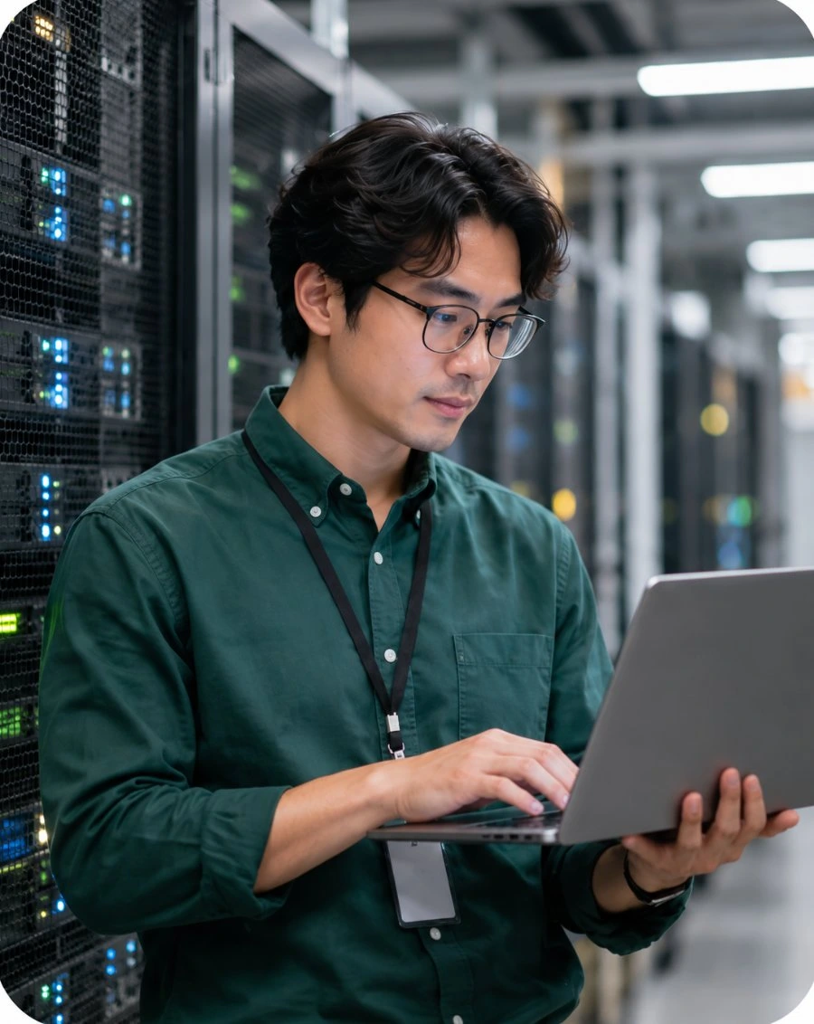brioHR engineer reviewing infrastructure in a data center